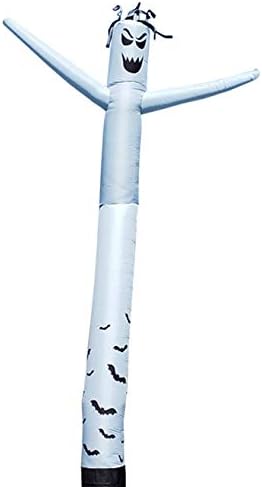 White ghost tube man inflatable with a spooky face and bat prints waving its arms