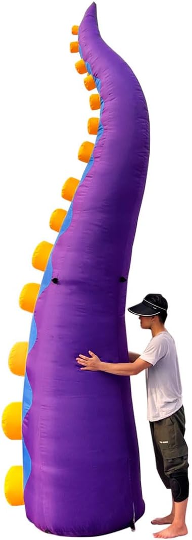 Giant purple octopus tentacle inflatable with orange suckers next to a man for scale