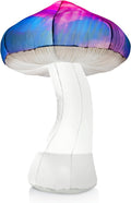 Tall inflatable mushroom with a purple and blue cap and white stem