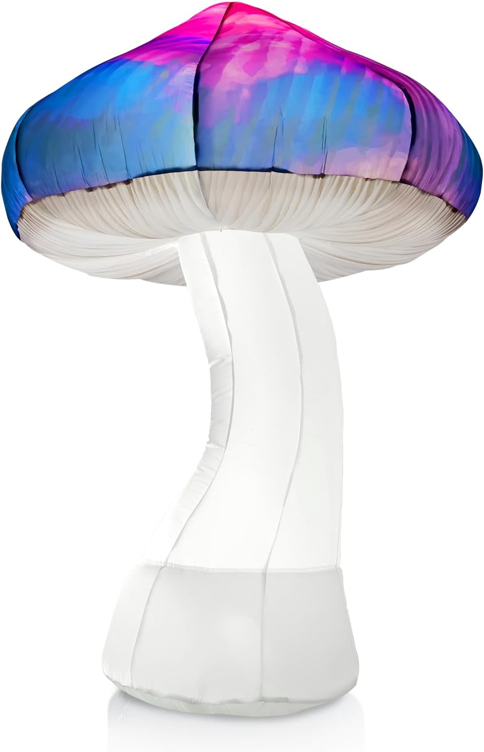 Tall inflatable mushroom with a purple and blue cap and white stem