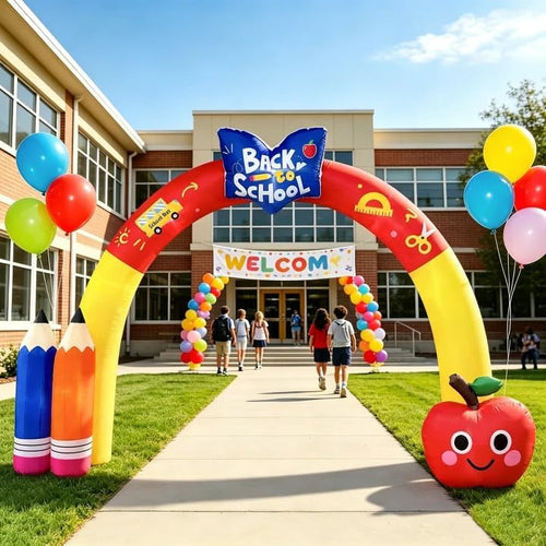Back to School inflatable arch with an open book, colored pencils and an apple in front of a school entrance