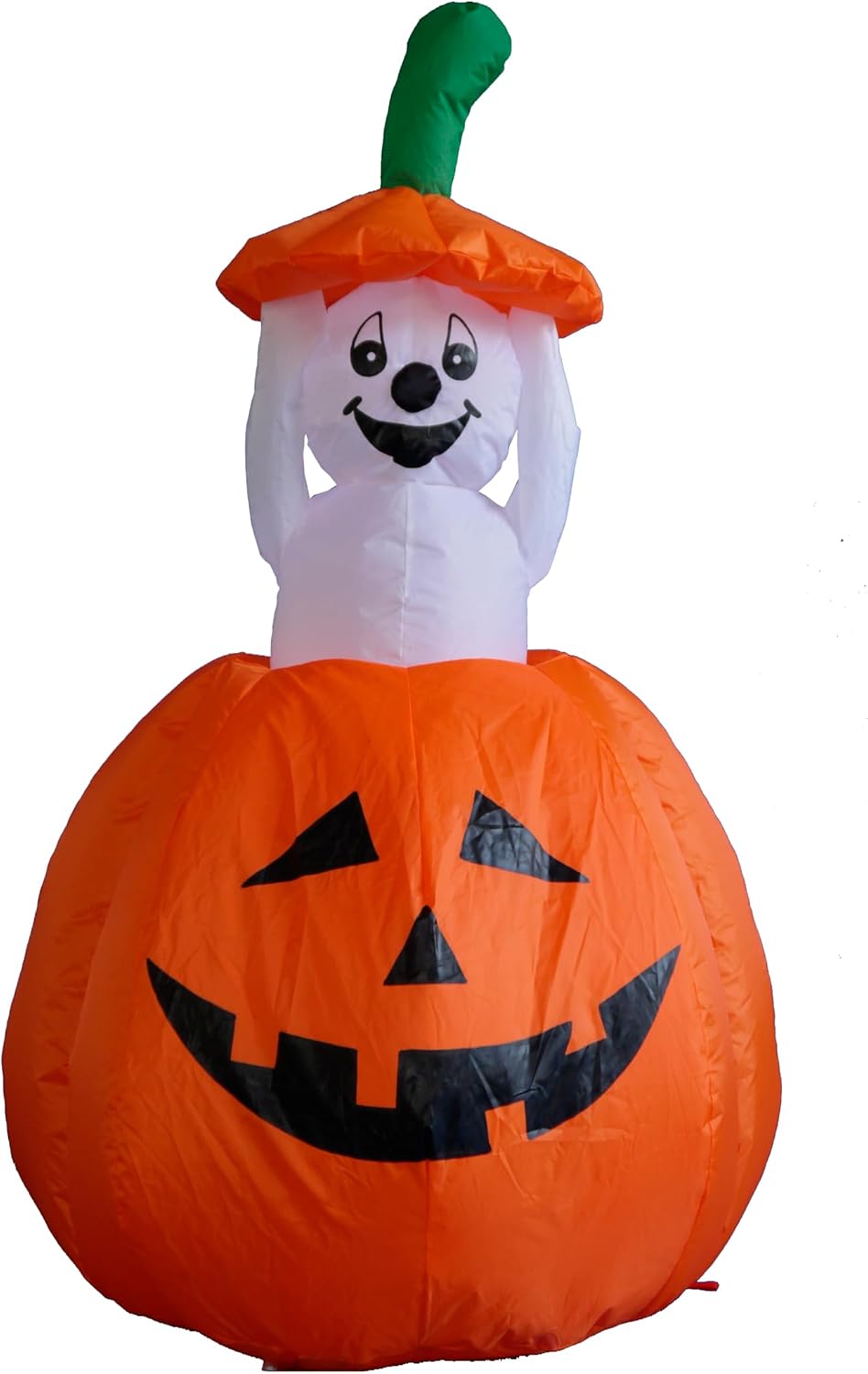 Small white ghost popping out of an orange jack-o'-lantern inflatable