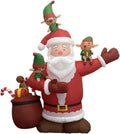 Giant Santa inflatable with open arms, elves on his shoulders and a gift sack