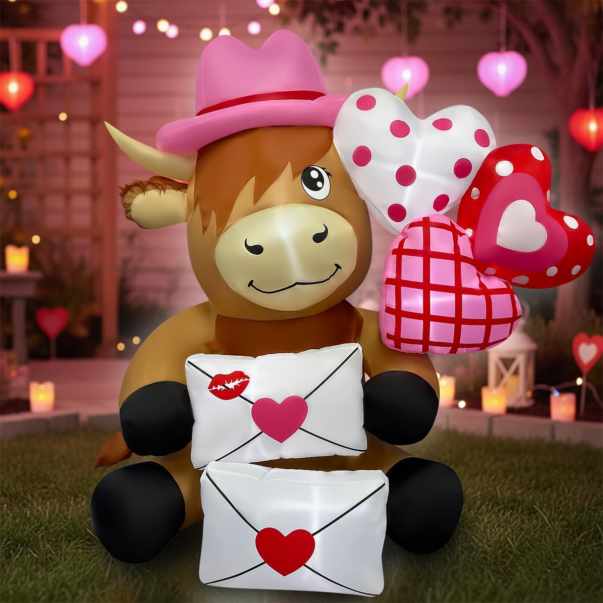 Highland cow inflatable in a pink hat holding love letters and heart balloons