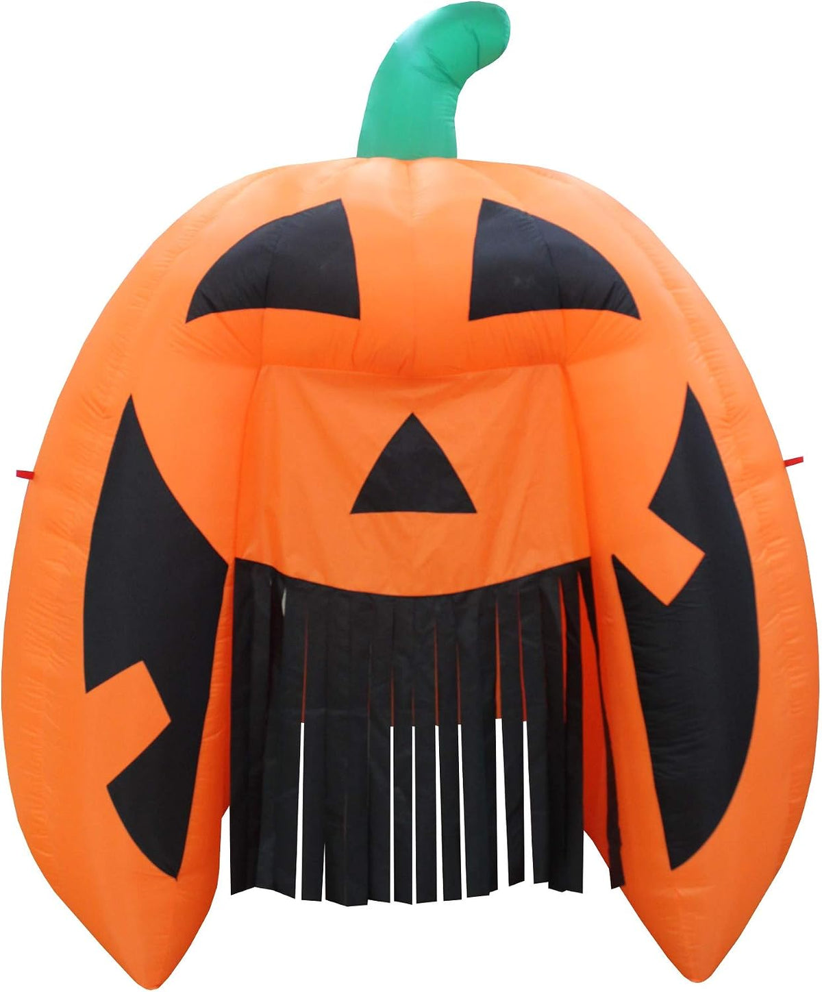 Giant orange jack-o'-lantern inflatable archway with a black streamer curtain in its mouth