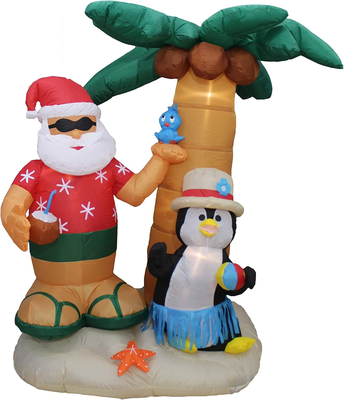 Santa in a Hawaiian shirt and a penguin in a straw hat standing under an inflatable palm tree