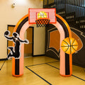 Basketball hoop inflatable arch with a ball and player silhouette in a school gym