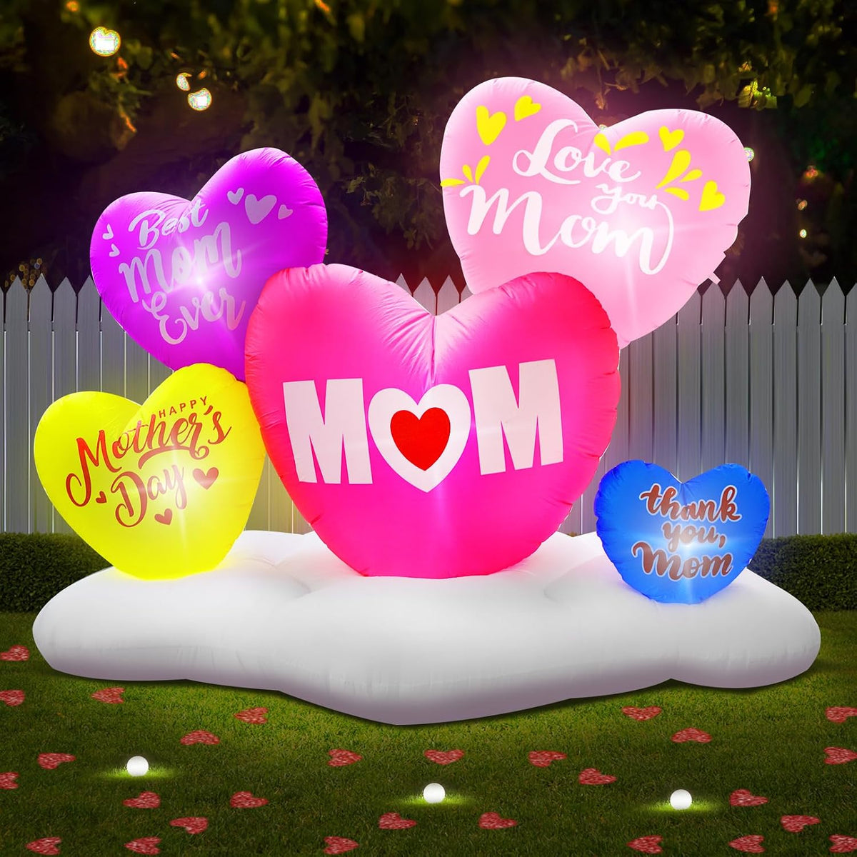 Five colorful heart inflatables with Mother's Day messages including MOM on a cloud base