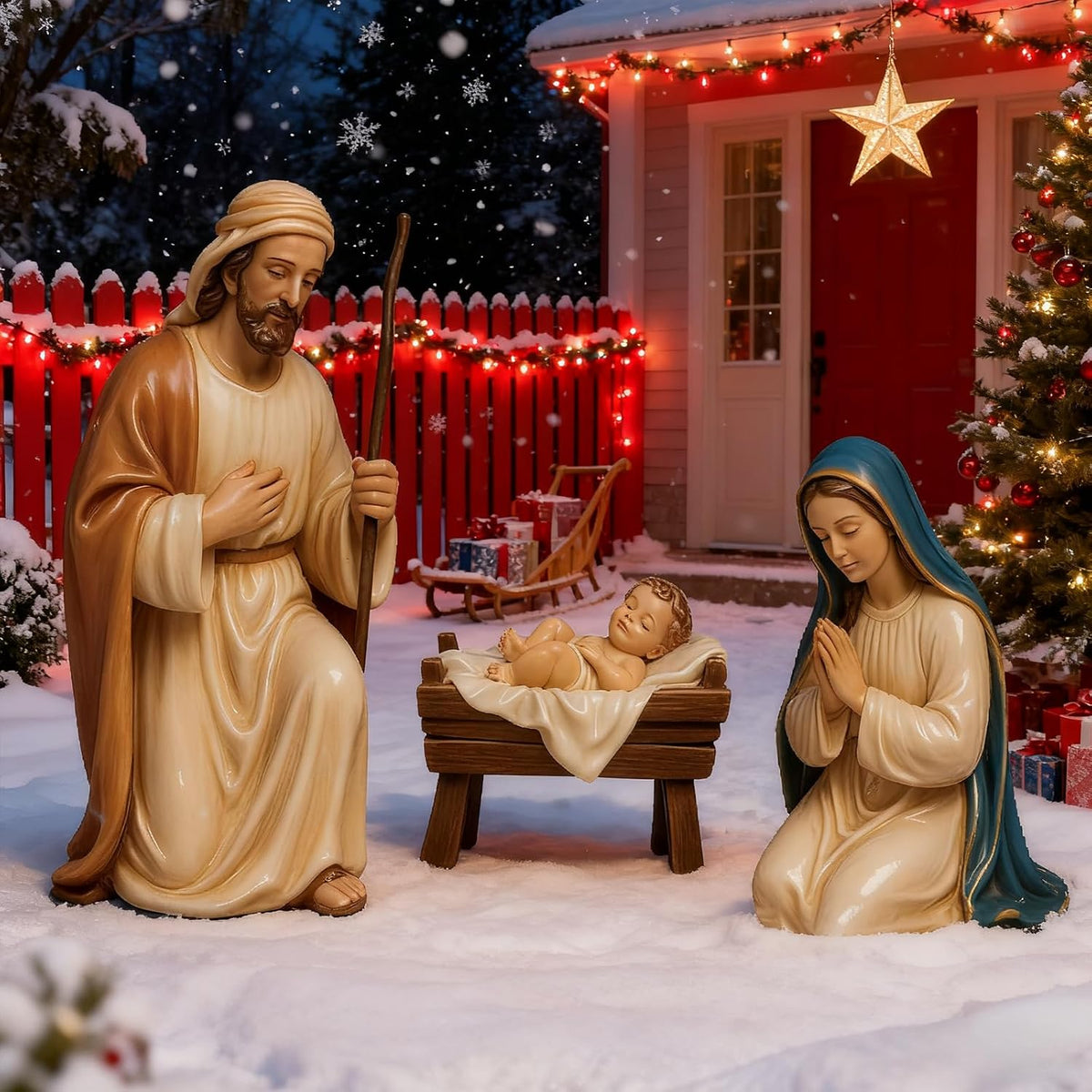 Painted nativity figures of Joseph, Mary kneeling and the baby Jesus in a manger in the snow