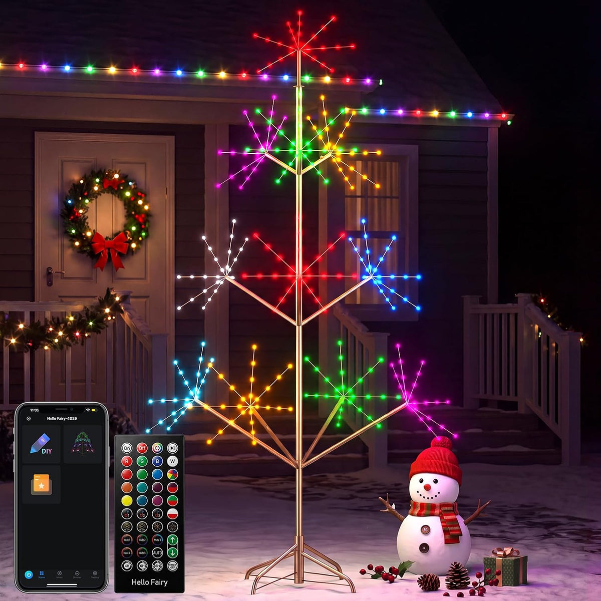 Tree frame with multicolor LED starburst clusters by a front porch, phone app and remote shown