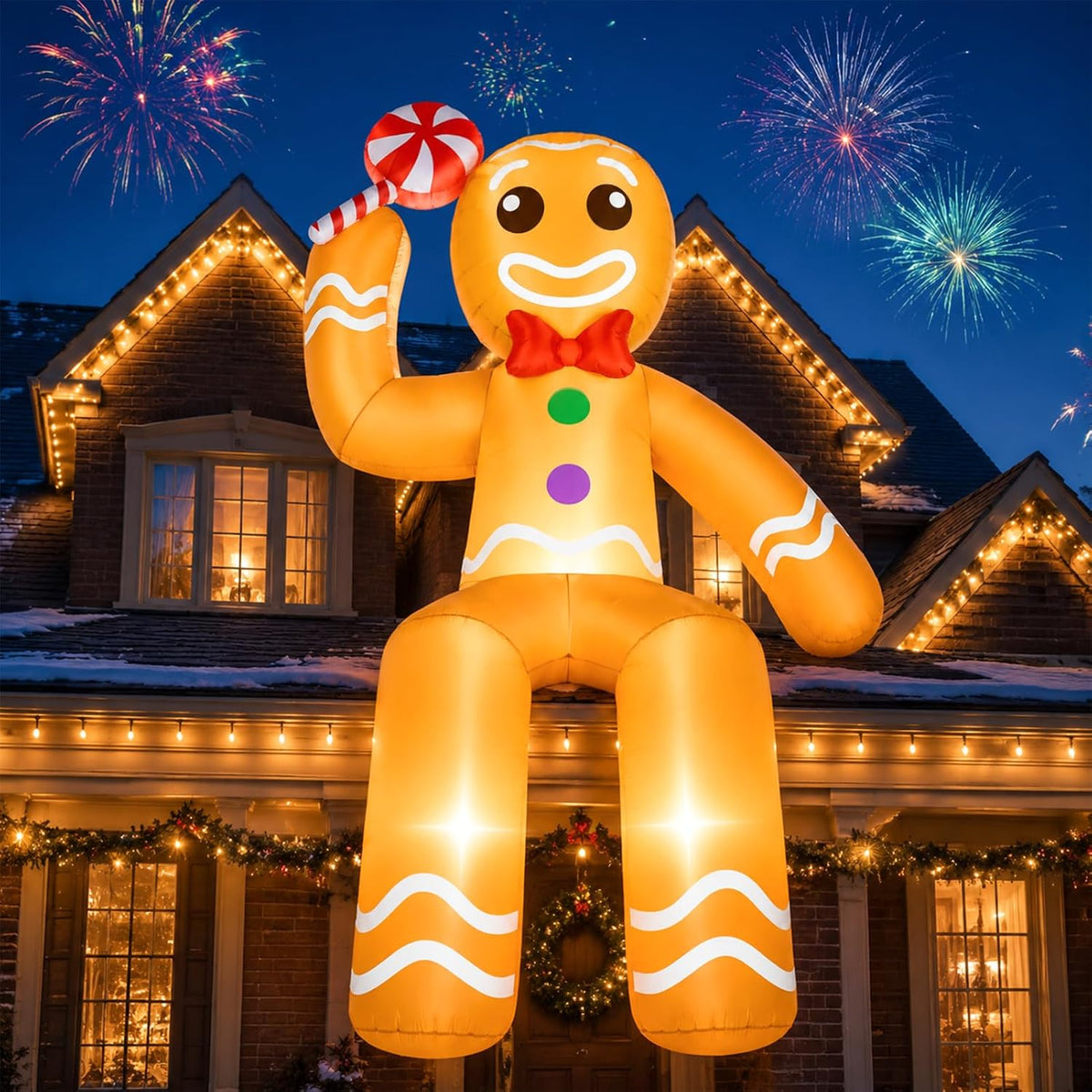 Gingerbread man inflatable sitting on a lit roof edge holding a peppermint with fireworks behind