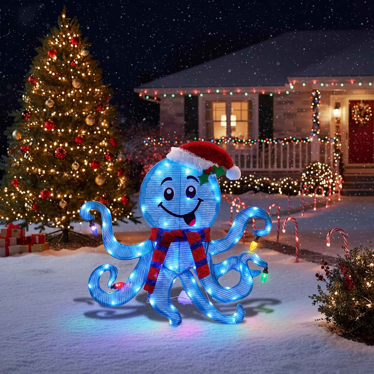 Lighted blue 2D octopus in a Santa hat and scarf on a snowy lawn next to a lit tree