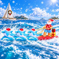 Santa in board shorts on a surfboard pulled by dolphins in Santa hats through ocean waves