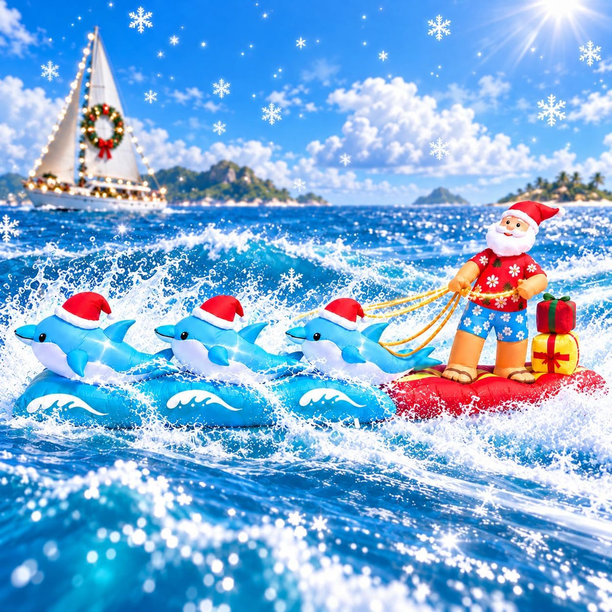Santa in board shorts on a surfboard pulled by dolphins in Santa hats through ocean waves