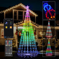 Rainbow LED cone Christmas tree with star in front of a house, phone app, remote and effect samples shown