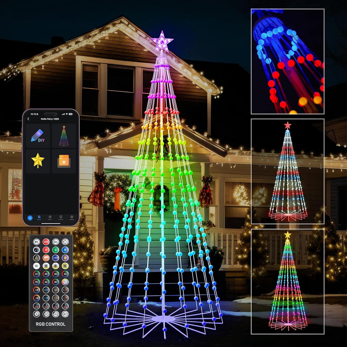 Rainbow LED cone Christmas tree with star in front of a house, phone app, remote and effect samples shown