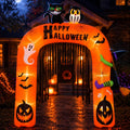 Orange Happy Halloween inflatable arch with a black cat and an owl on top glowing over a front path