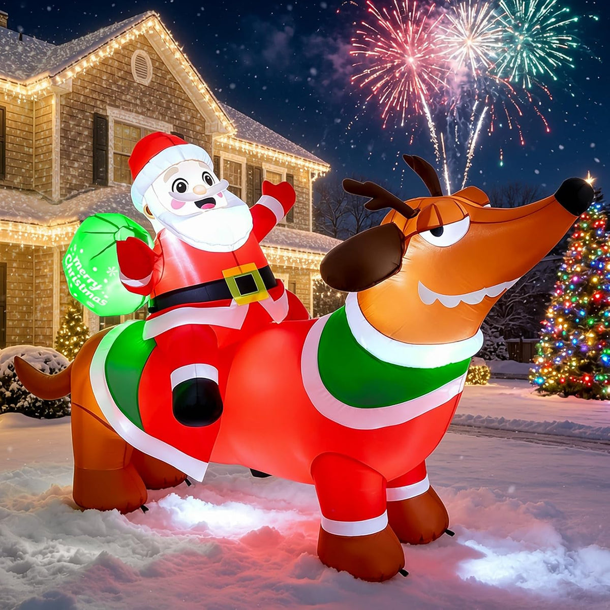 Santa riding a long dachshund in a Christmas sweater, inflatable in a snowy yard with fireworks