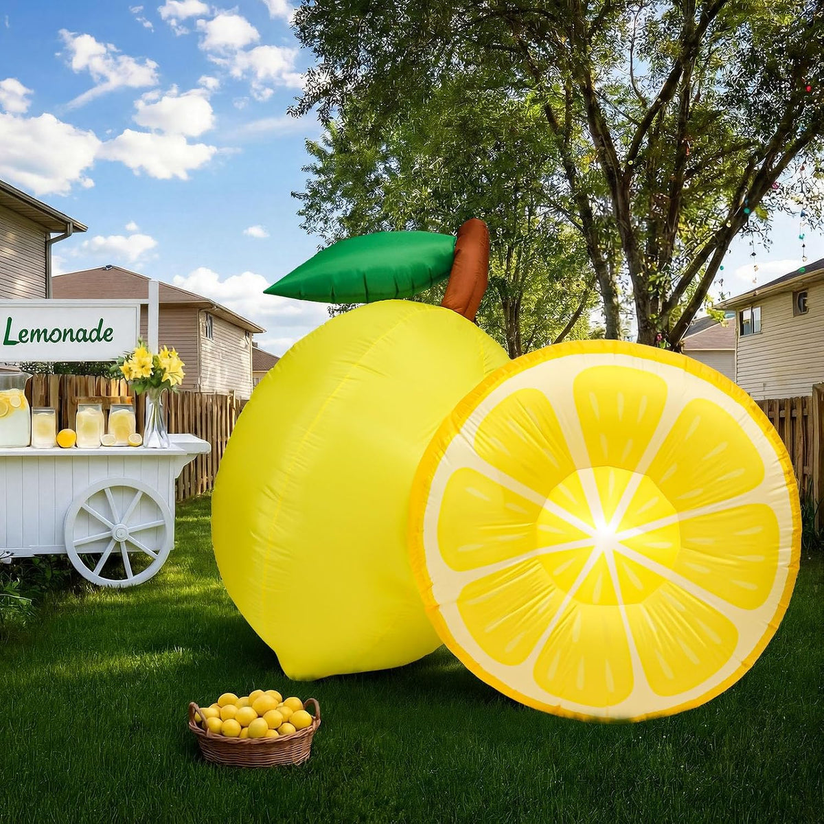 Giant inflatable lemon and lemon slice beside a lemonade stand on a lawn