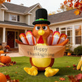 Turkey inflatable in a pilgrim hat holding a Happy Thanksgiving banner on a front lawn in fall