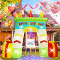Colorful castle arch inflatable reading HAPPY BIRTHDAY with gift boxes at each side