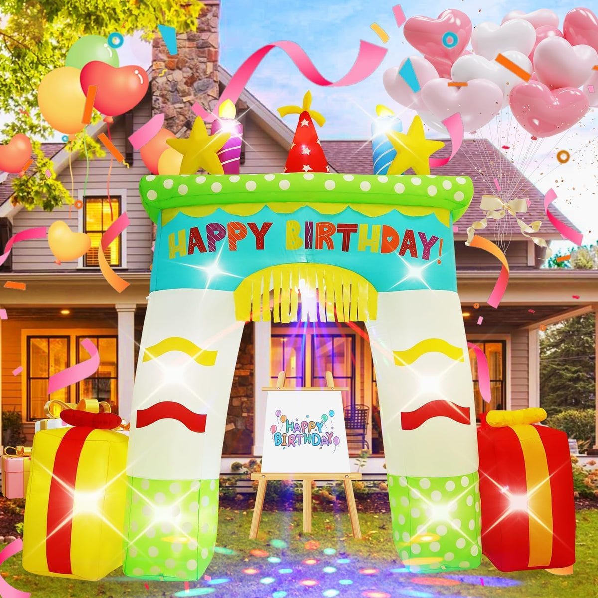 Colorful castle arch inflatable reading HAPPY BIRTHDAY with gift boxes at each side