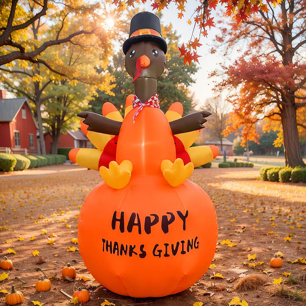 Turkey in a pilgrim hat sitting on a big orange pumpkin inflatable printed Happy Thanksgiving on a fall street
