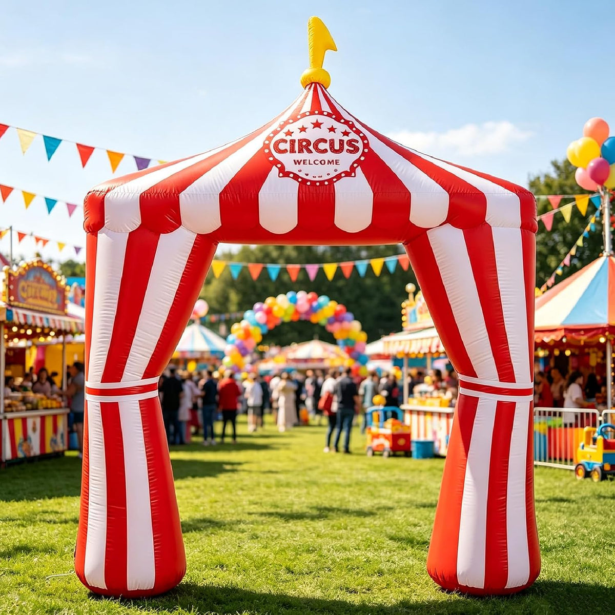 Red and white striped circus tent inflatable arch at an outdoor carnival party
