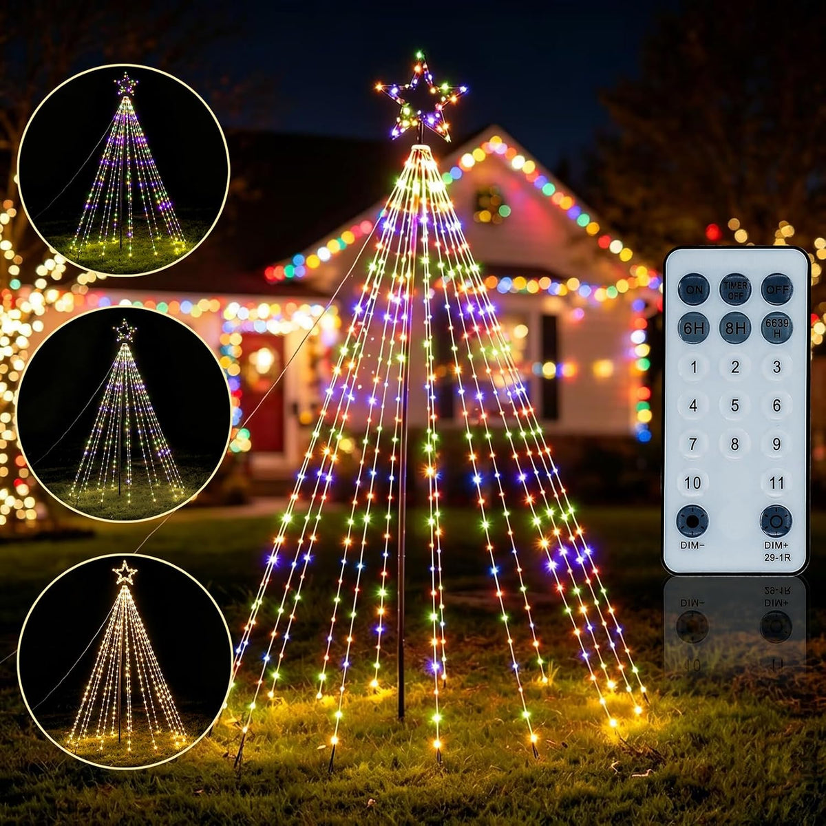 LED flagpole-style Christmas tree light with a star on a lawn at night, remote and mode samples shown