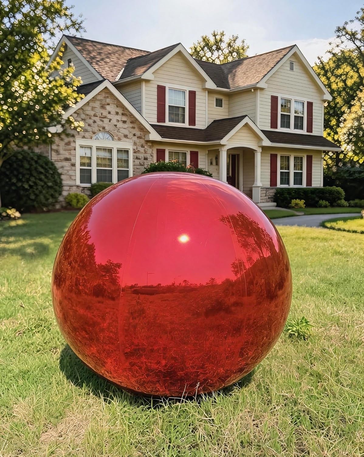 Glossy red inflatable mirror ball on a green lawn in front of a two-story house