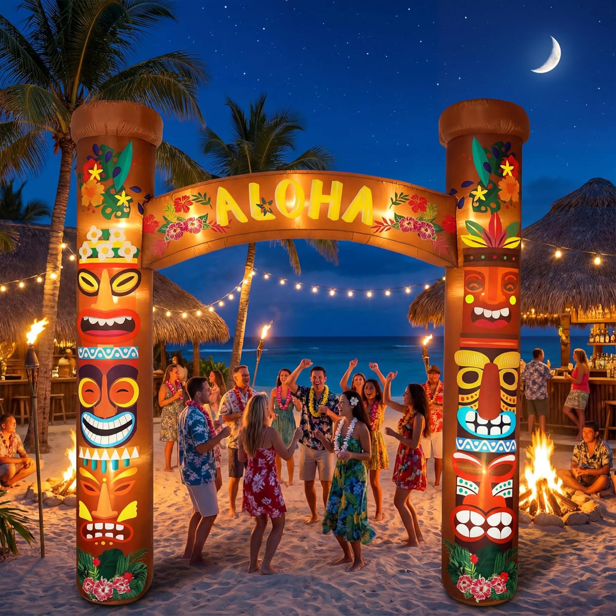 Tiki pole inflatable arch with an ALOHA sign at a nighttime beach luau party